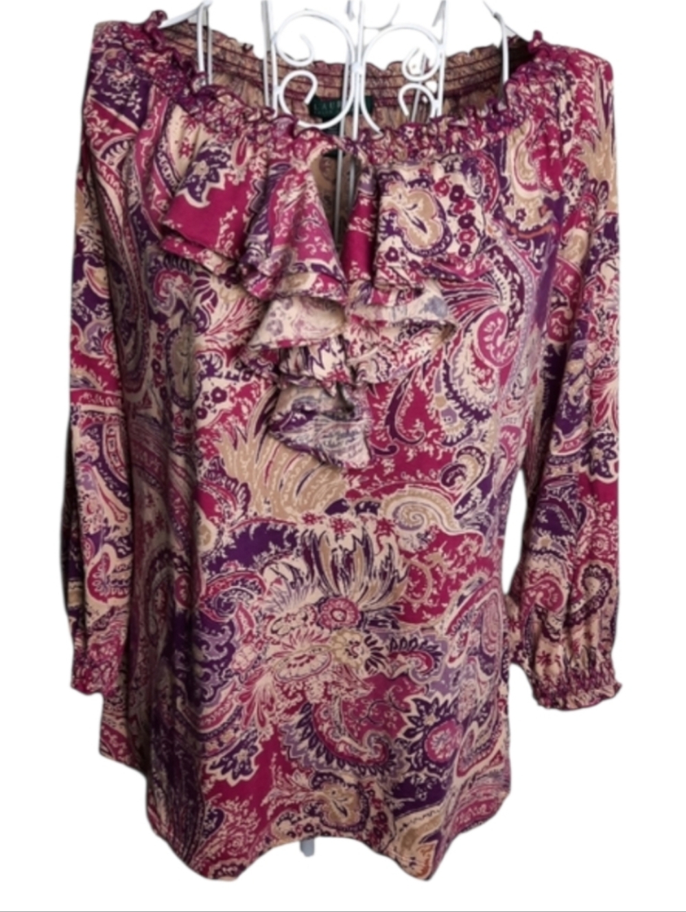 Lauren Ralph Lauren Keyhole Ruffle Peasant Top SZ L